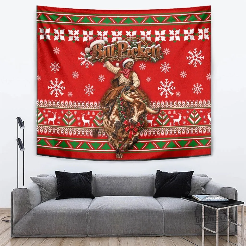 Bill Pickett Christmas Cowboy Tapestry Snowy Winter Western Rodeo Horse Rider Wall Art