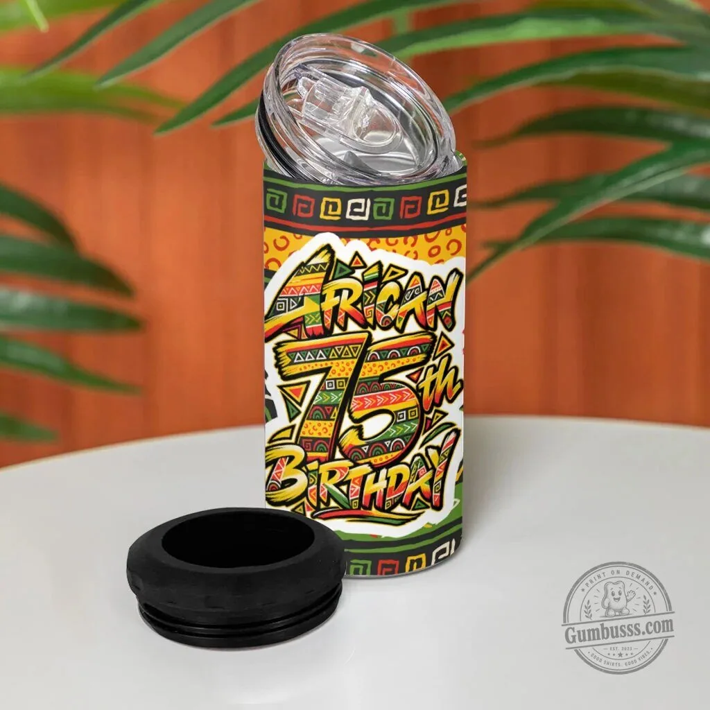Personalized African 75th Birthday Can Cooler Tumbler with Tribal Geometric Heritage Pattern 10 Personalized African 75th Birthday Can Cooler Tumbler with Tribal Geometric Heritage Pattern