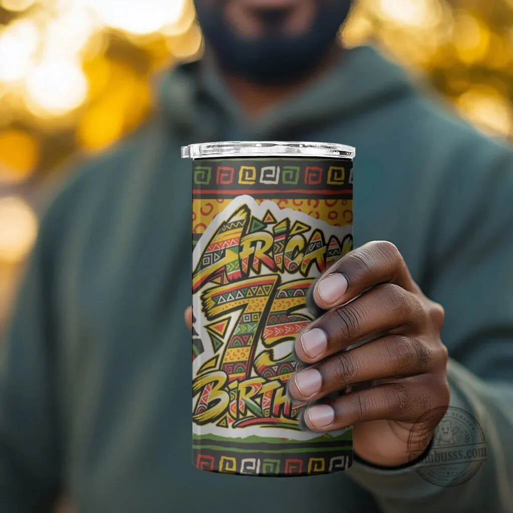 Personalized African 75th Birthday Can Cooler Tumbler with Tribal Geometric Heritage Pattern 13 Personalized African 75th Birthday Can Cooler Tumbler with Tribal Geometric Heritage Pattern