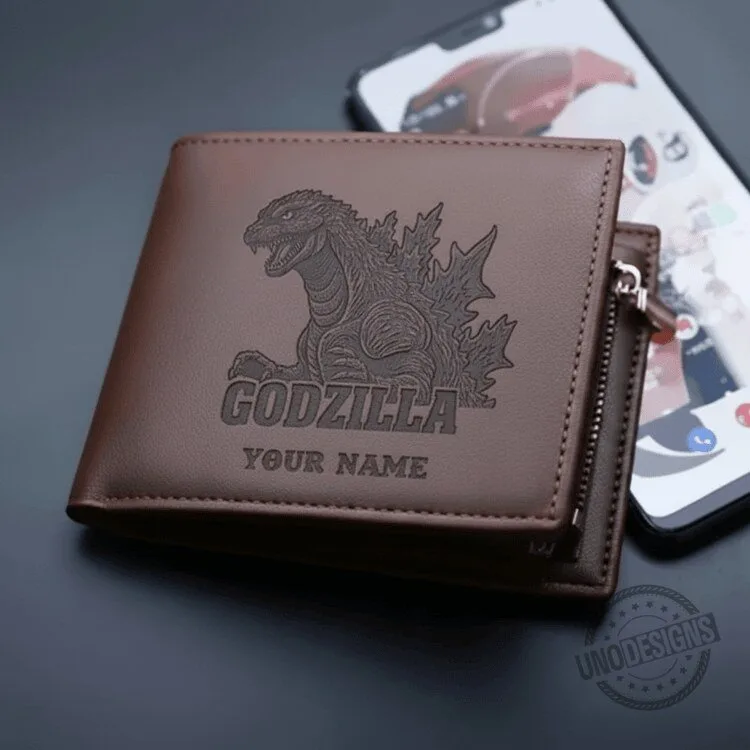 Godzilla Engraved Leather Wallet with Personalized Name, Kaiju Monster Design