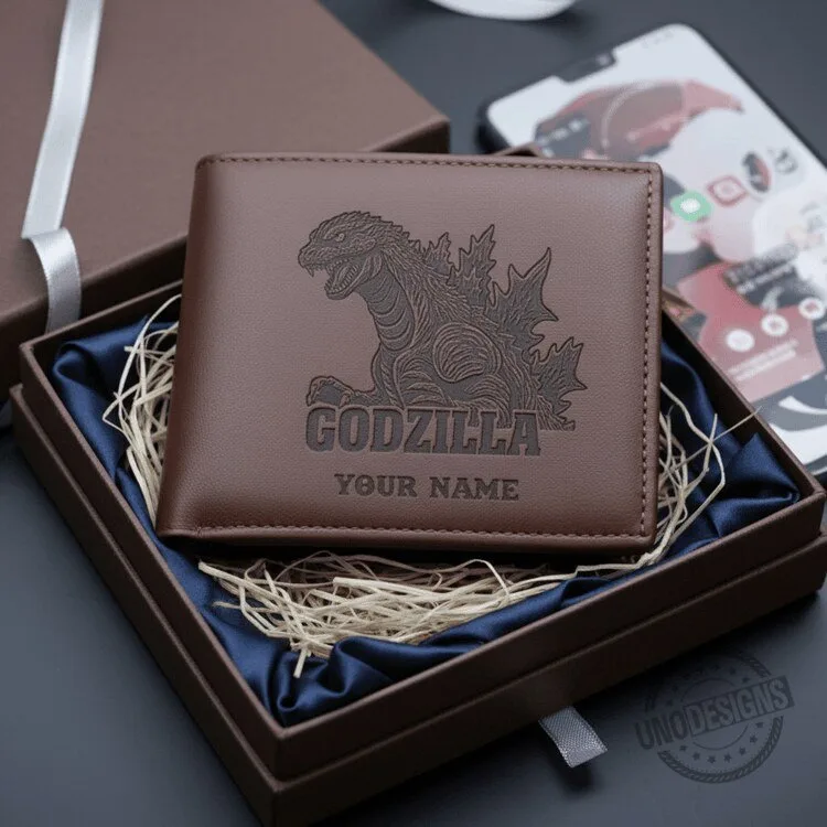 Godzilla Engraved Leather Wallet with Personalized Name, Kaiju Monster Design 4 Godzilla Engraved Leather Wallet with Personalized Name, Kaiju Monster Design