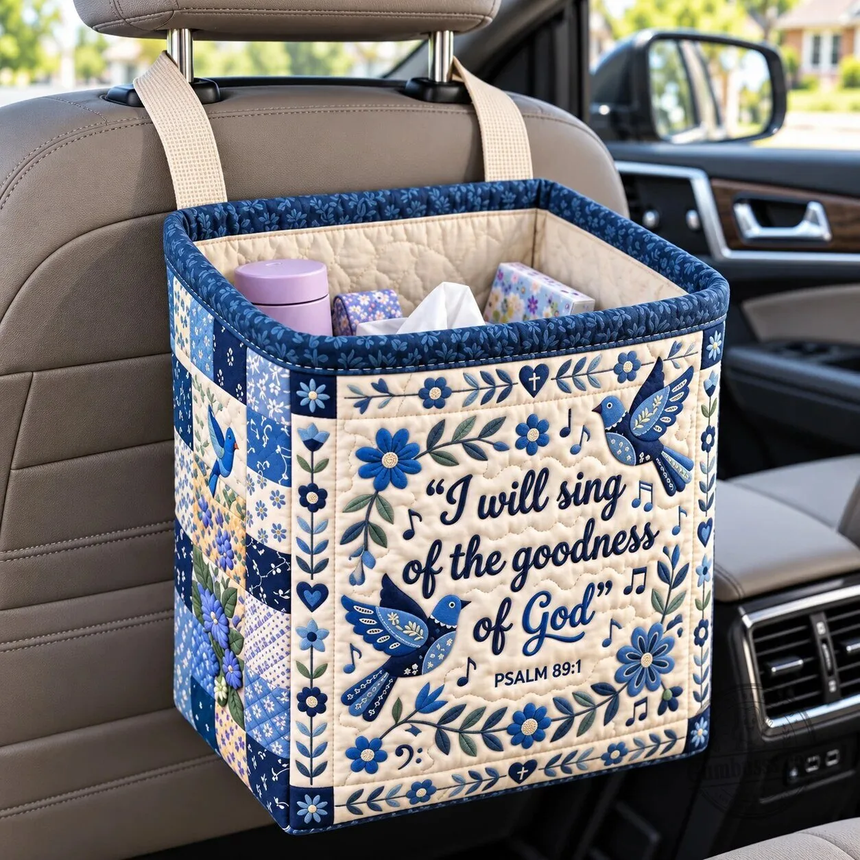 Goodness Of God Quilted Car Seat Organizer Basket