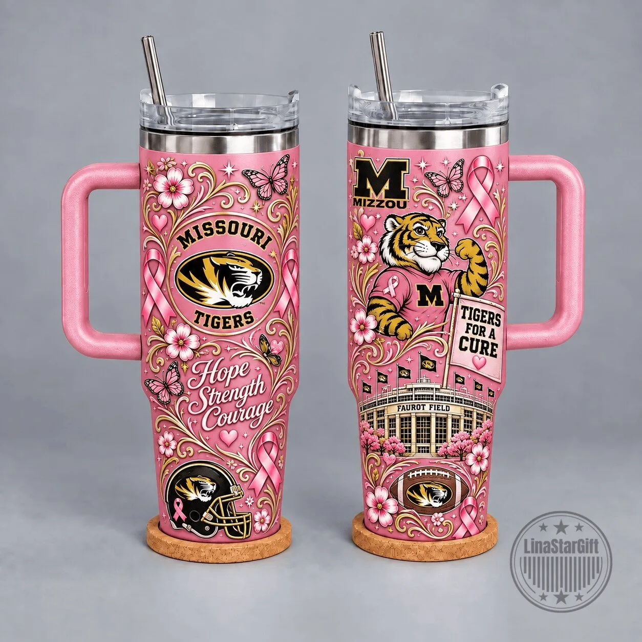 Missouri Tigers Breast Cancer Awareness Pink Floral 40oz Tumbler with Handle