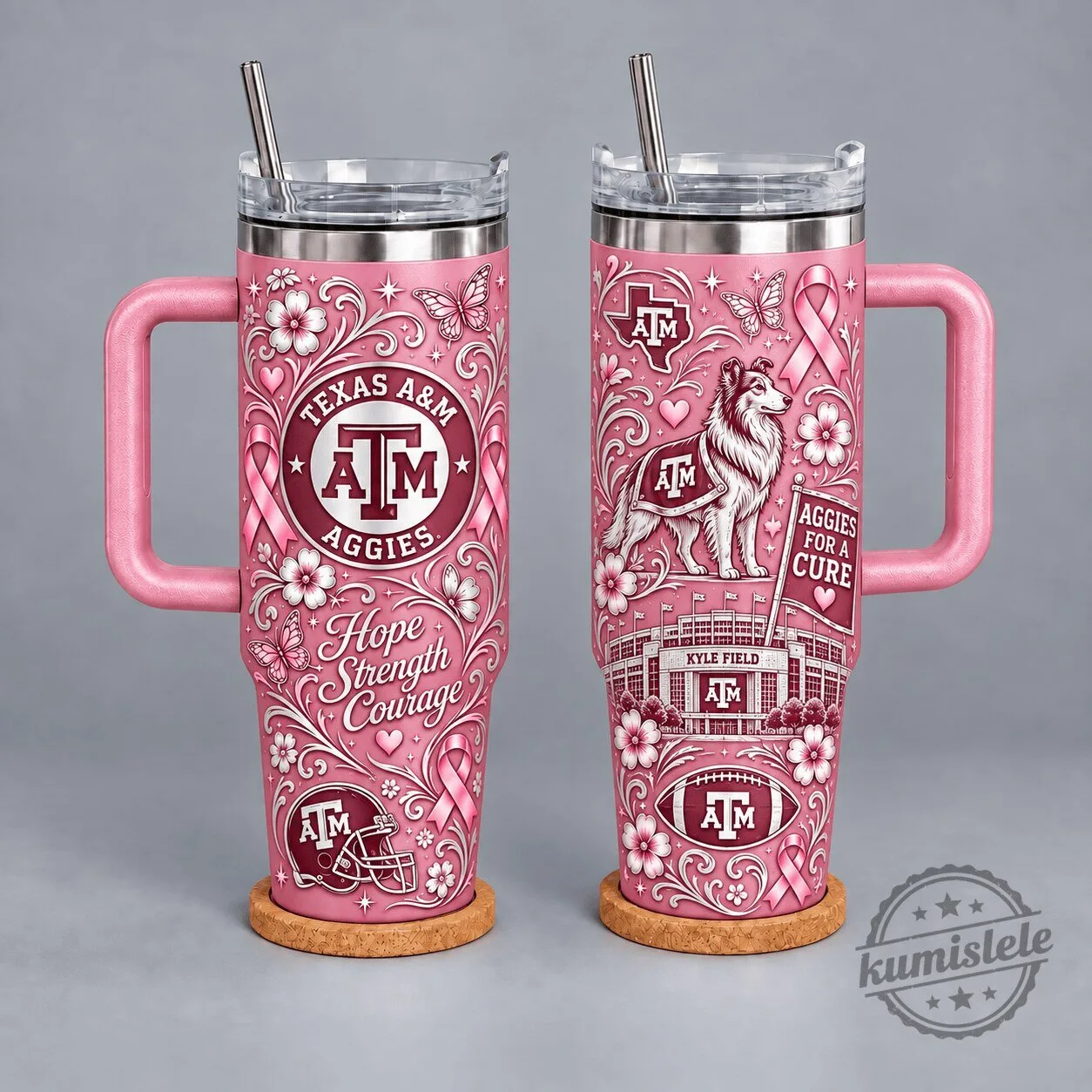 Texas A&M Aggies Breast Cancer Awareness Hope Strength Courage Tumbler