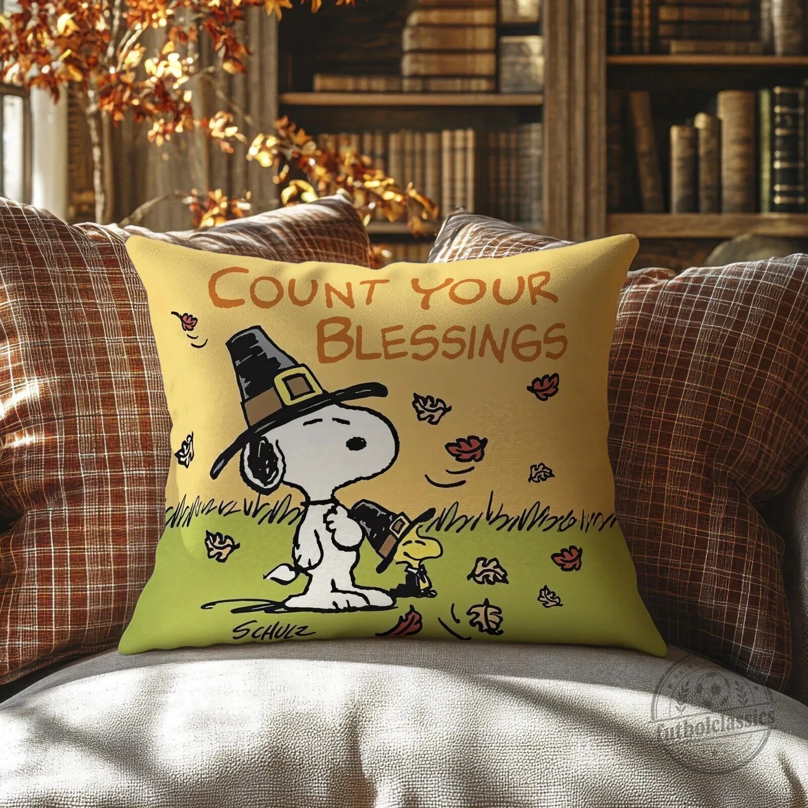 Thanksgiving Decorative Pillow Featuring Snoopy and Woodstock with Count Your Blessings Theme
