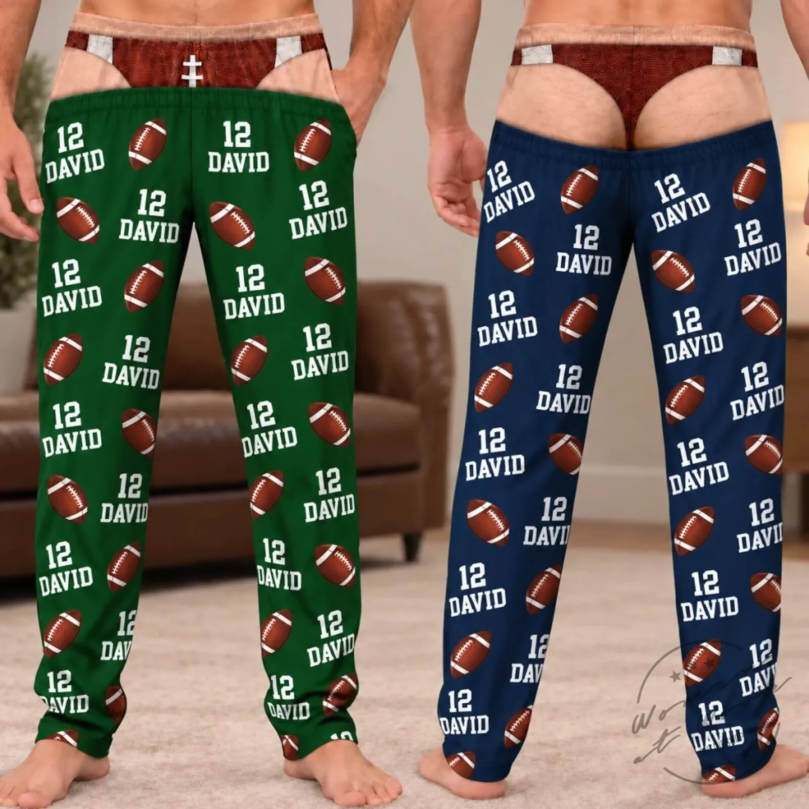 Personalized Football Player Name and Number Green and Blue Pajama Pants