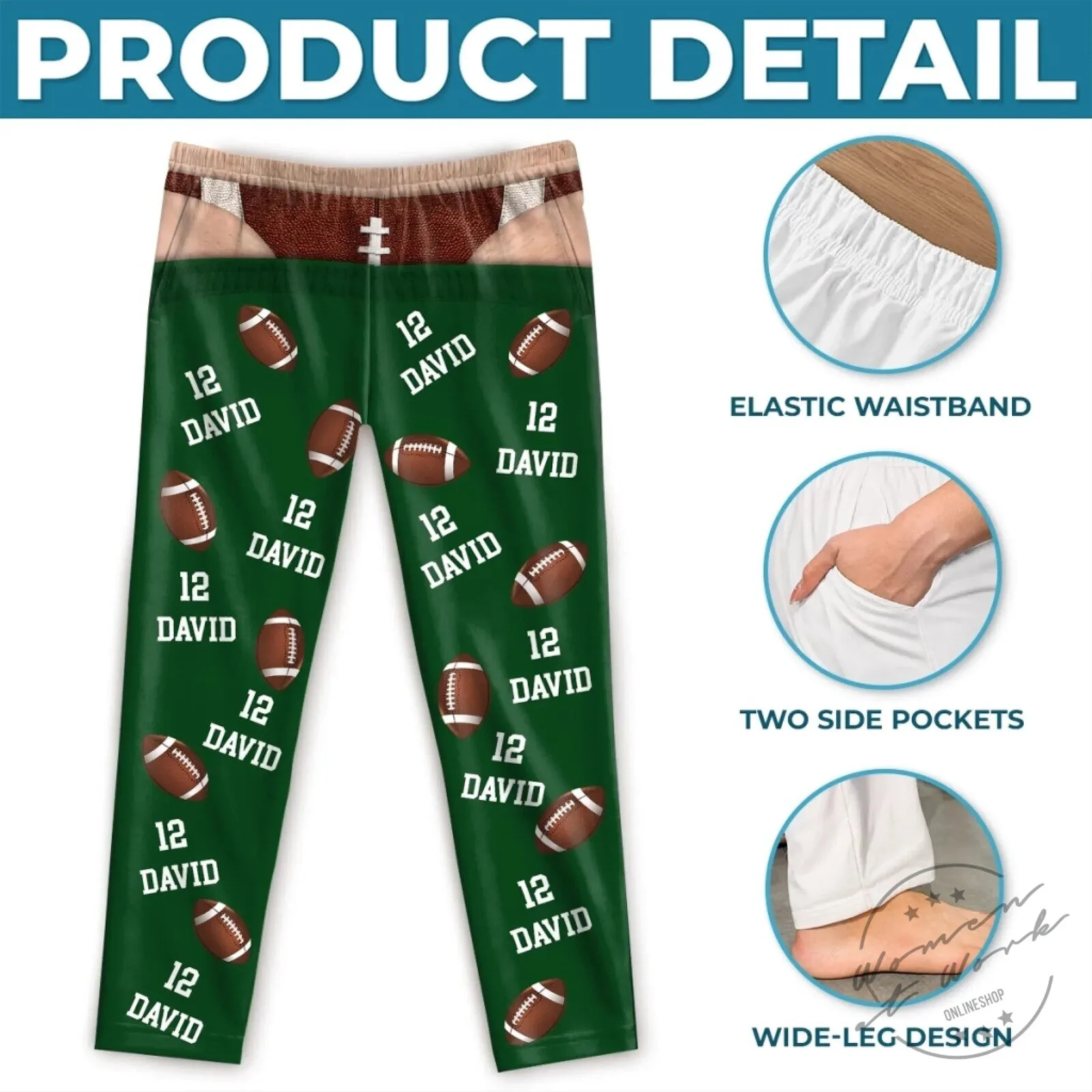 Personalized Football Player Name and Number Green and Blue Pajama Pants 11 Personalized Football Player Name and Number Green and Blue Pajama Pants