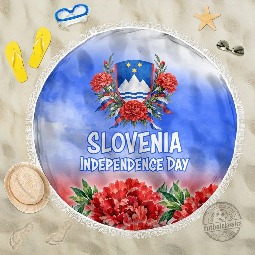 Slovenia Independence Day Lipizzan Horse Red Carnation Emblem Round Beach Blanket
