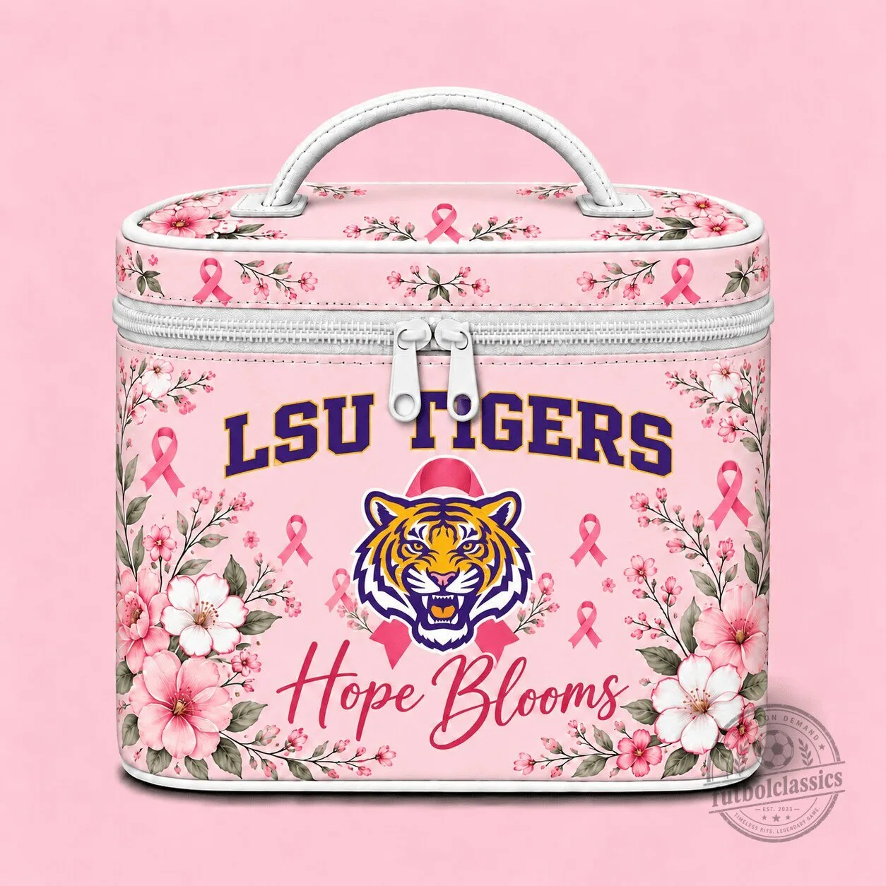 LSU Tigers Breast Cancer Awareness Hope Blooms Floral Cosmetic Bag