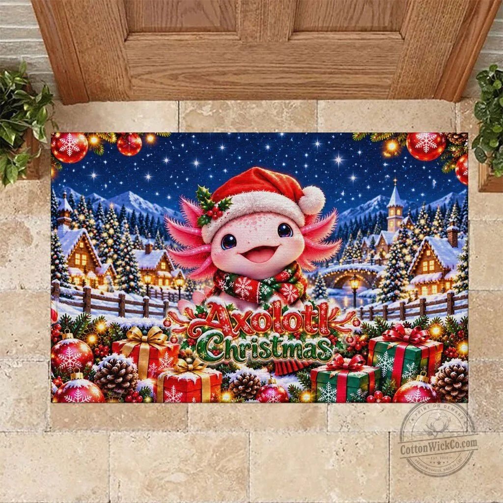 Axolotl Christmas Winter Wonderland Holiday Doormat with Cute Animal Design