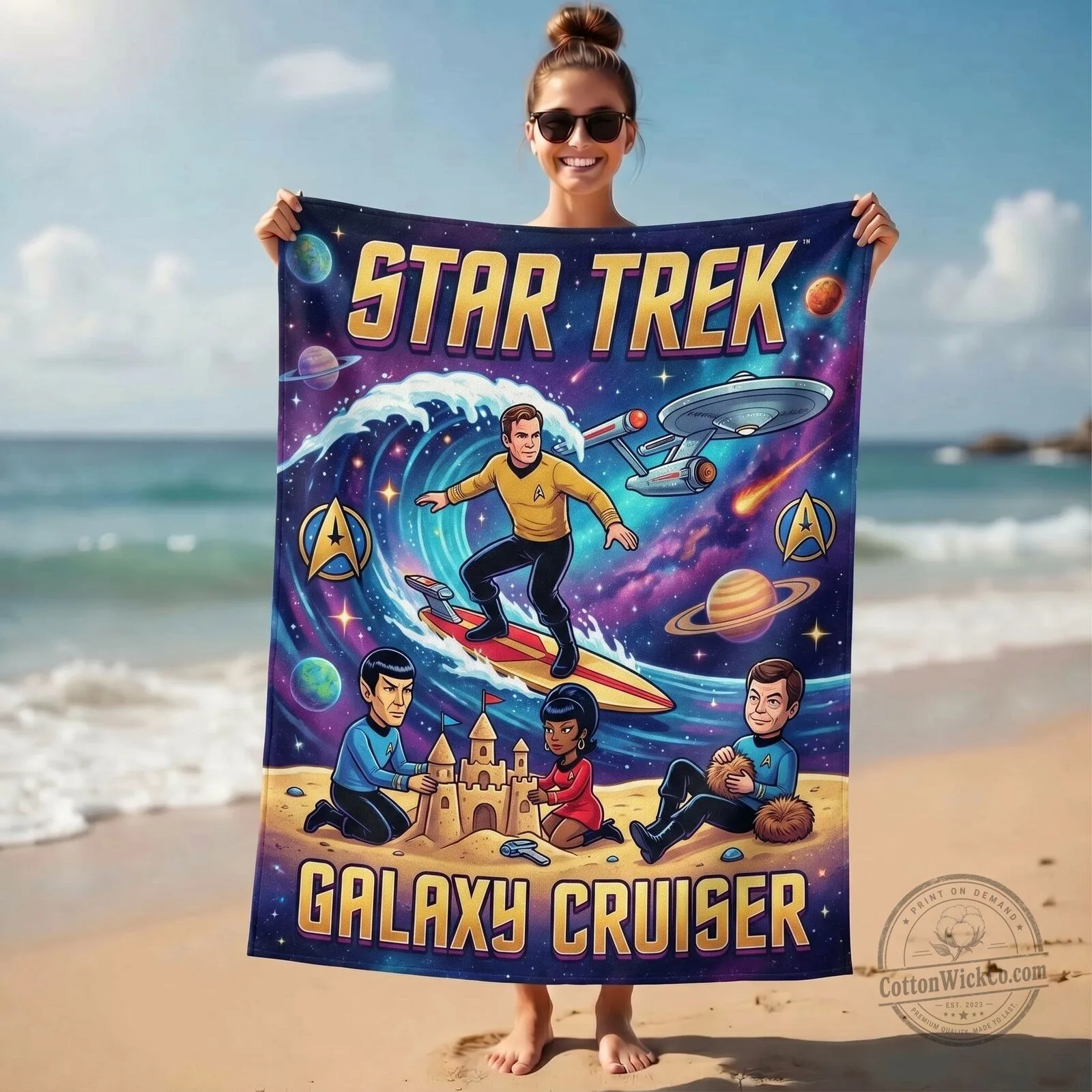 Star Trek Galaxy Cruiser Beach Towel with Captain Kirk and Spock