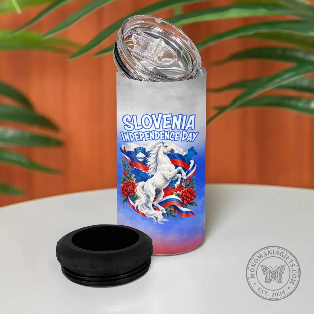 Slovenia Independence Day White Lipizzan Horse Red Carnation Emblem Can Cooler 10 Slovenia Independence Day White Lipizzan Horse Red Carnation Emblem Can Cooler