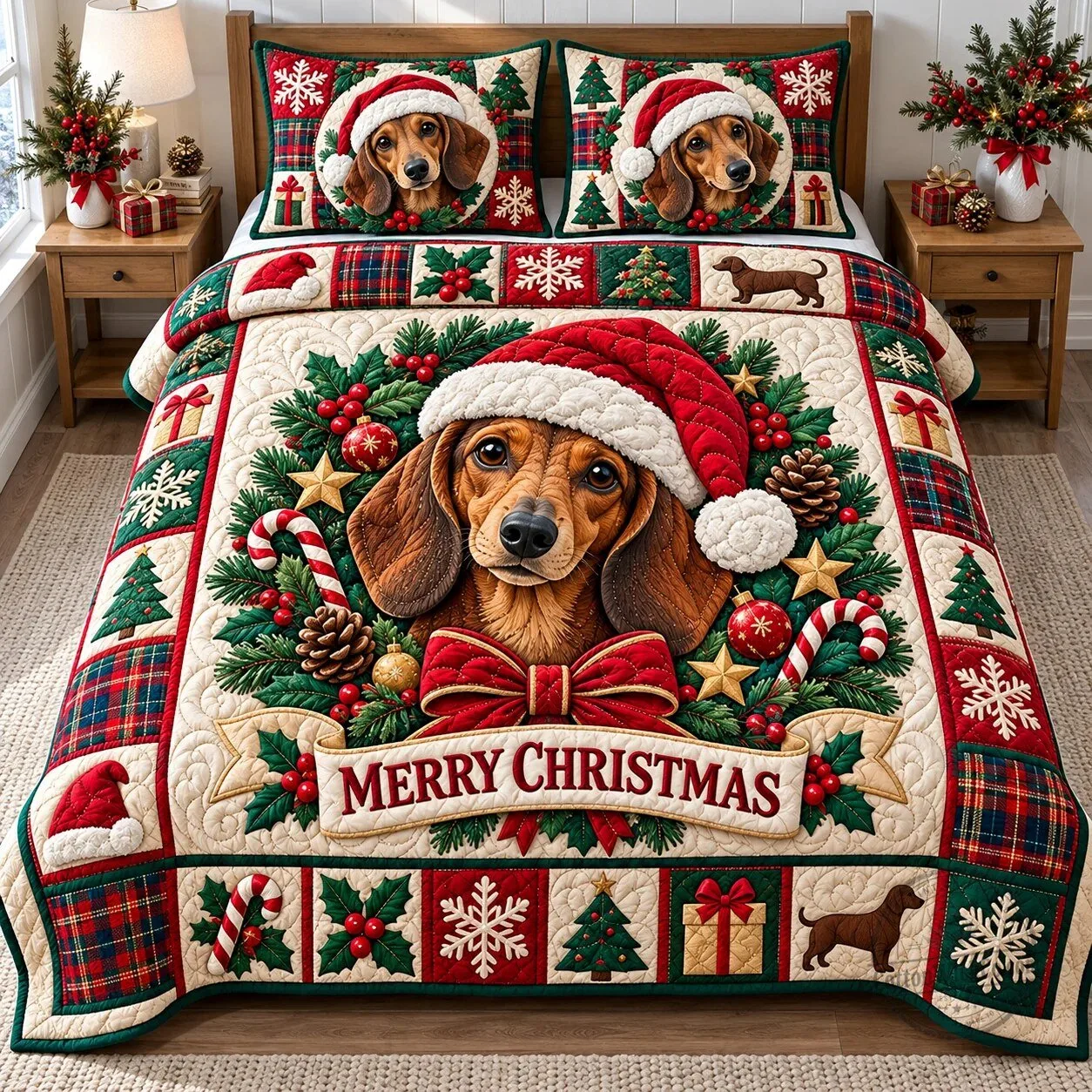 Dachshund Dog Merry Christmas Holiday Plaid Quilted Bedding Set