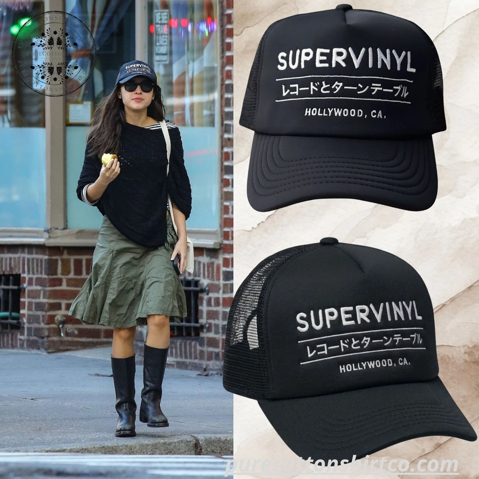 Olivia Rodrigo Supervinyl Hollywood Trucker Hat 2026 - Japanese Text Black Mesh Cap