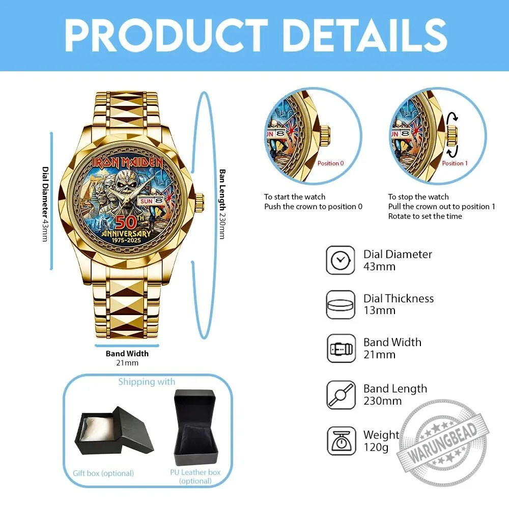 Iron Maiden 50th Anniversary Eddie The Trooper Gold Tone Luxury Watch 6 Iron Maiden 50th Anniversary Eddie The Trooper Gold Tone Luxury Watch