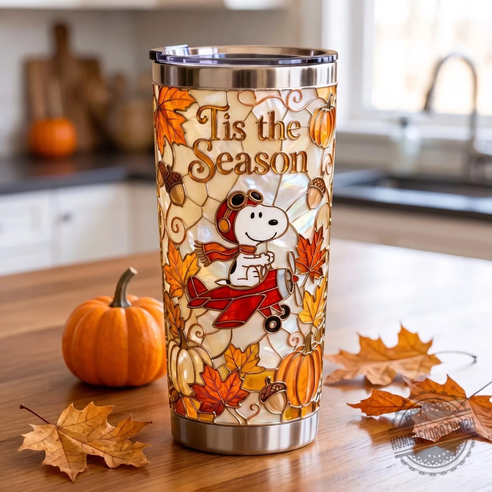 Snoopy Flying Ace Autumn Leaves Tis the Season Stainless Steel Tumbler
