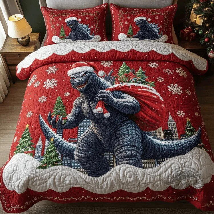 Godzilla Christmas Holiday Quilted Bedding Set with Pillow Shams