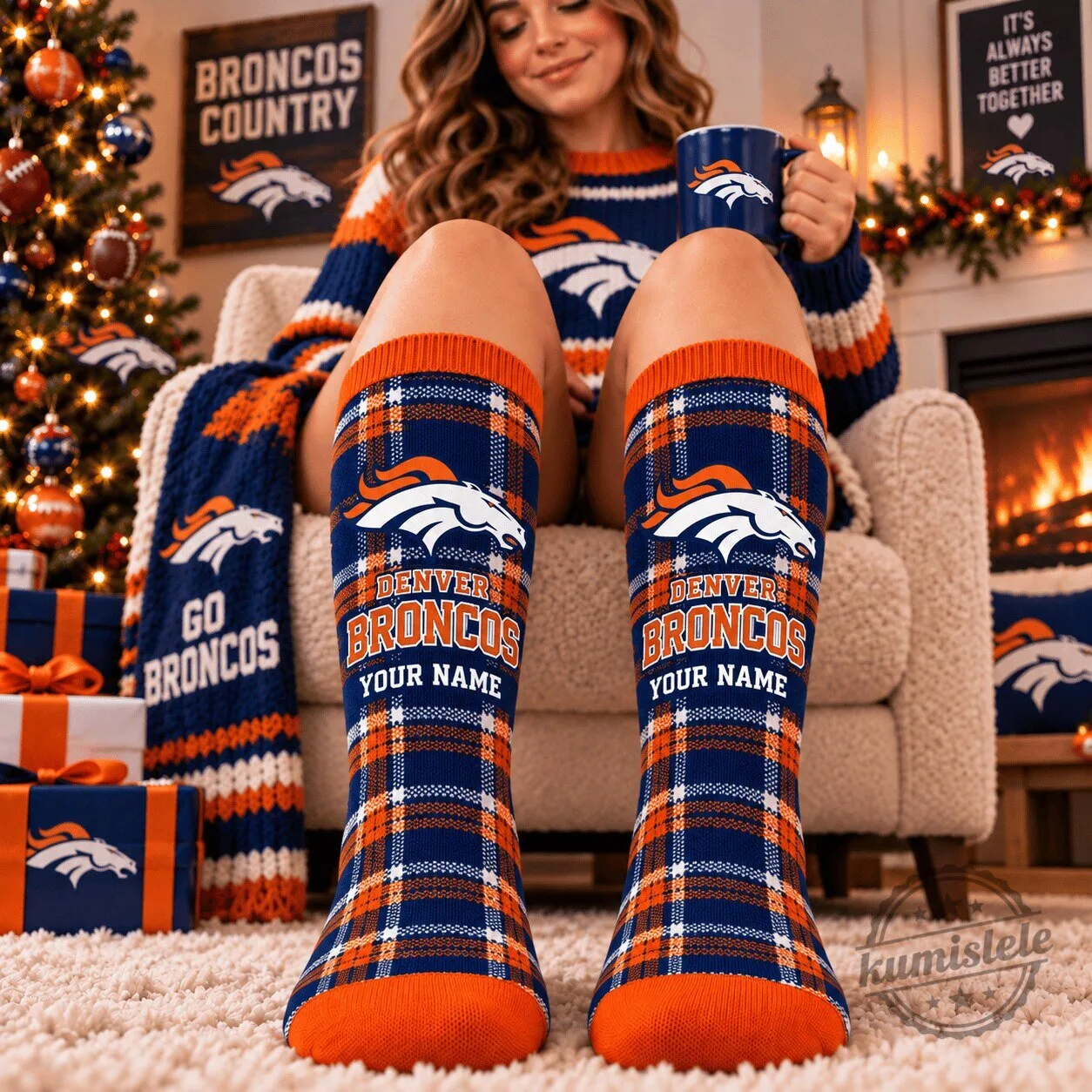 Denver Broncos NFL Plaid Custom Name Crew Socks for Football Fan