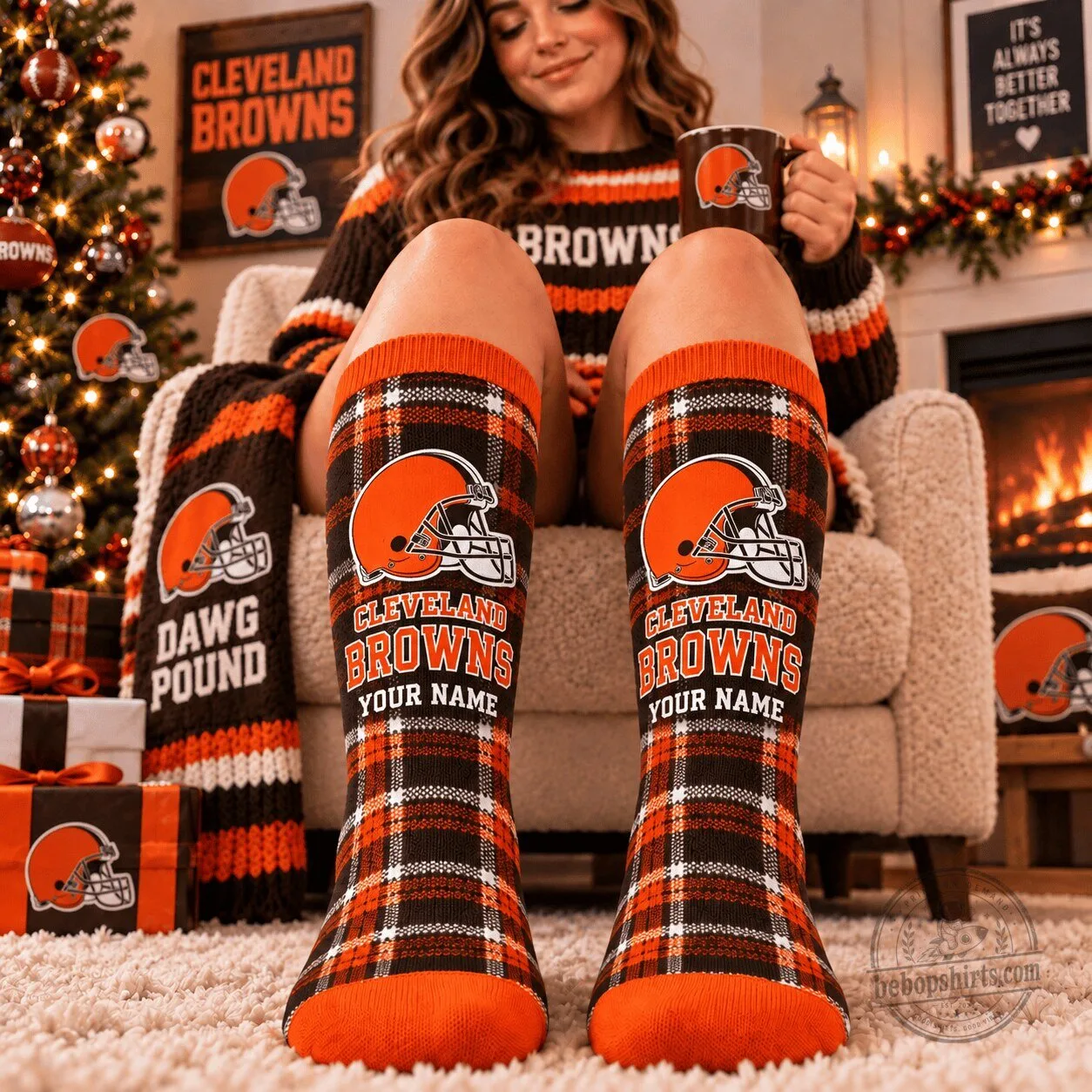 Cleveland Browns NFL Custom Name Plaid Pattern Football Team Socks