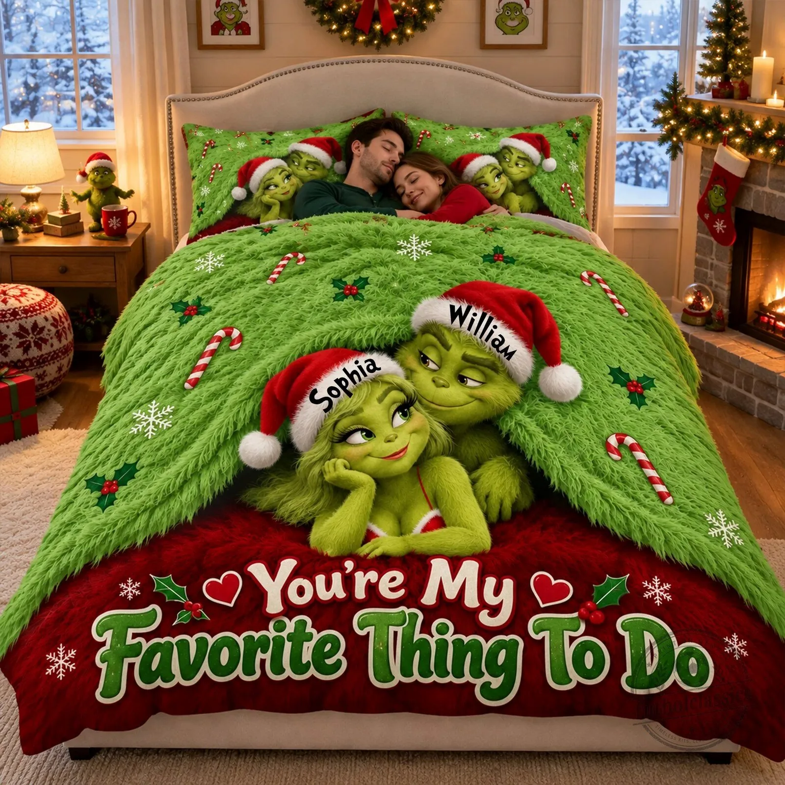 The Grinch and Grinchette Personalized Christmas Couple Bedding Set
