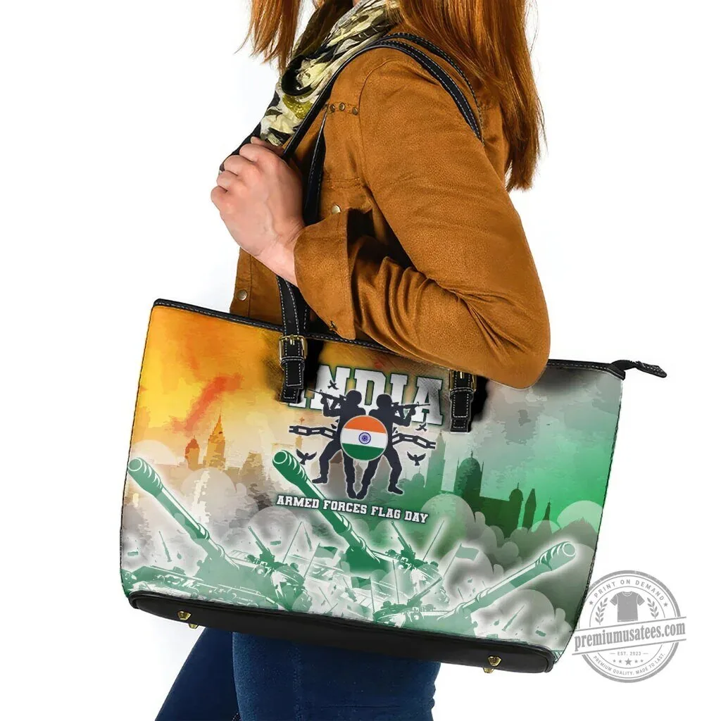India Armed Forces Flag Day Military Indian Flag Silhouette Leather Tote Bag