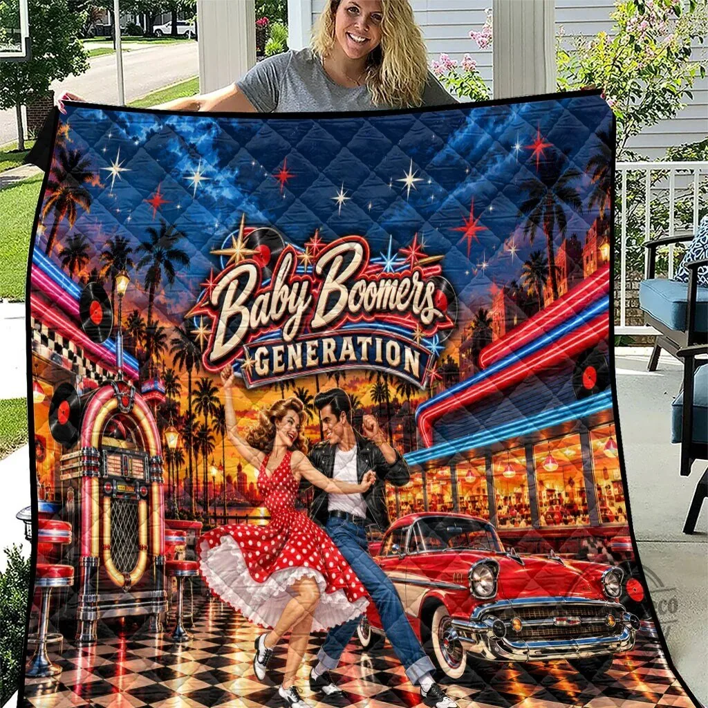 Baby Boomers Generation Vintage 1950s Rock and Roll Nostalgia Quilt Blanket