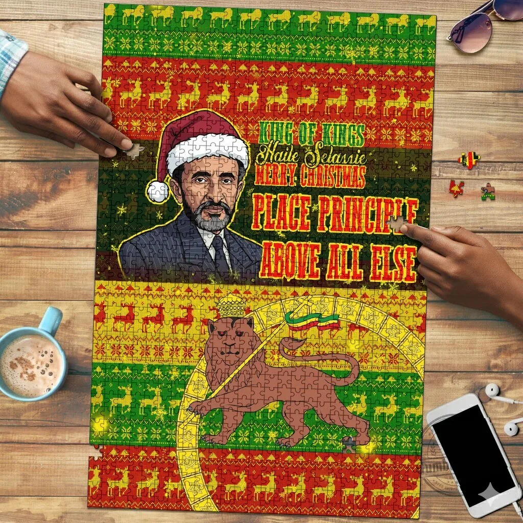 Haile Selassie Christmas King of Kings Lion of Judah Ugly Pattern Jigsaw Puzzle