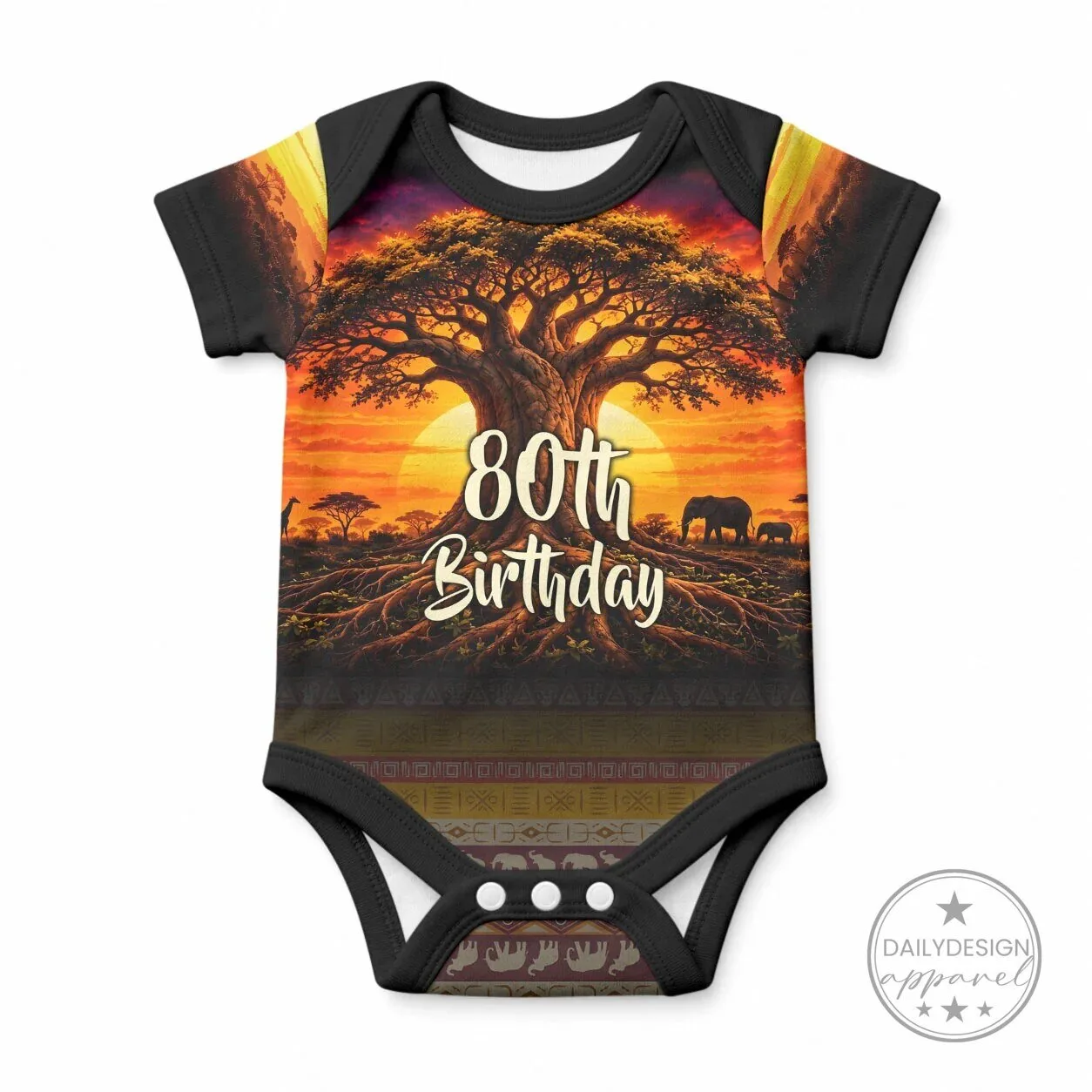 80th Birthday Baobab Tree African Sunset Savanna Silhouette Tribal Heritage Baby Romper
