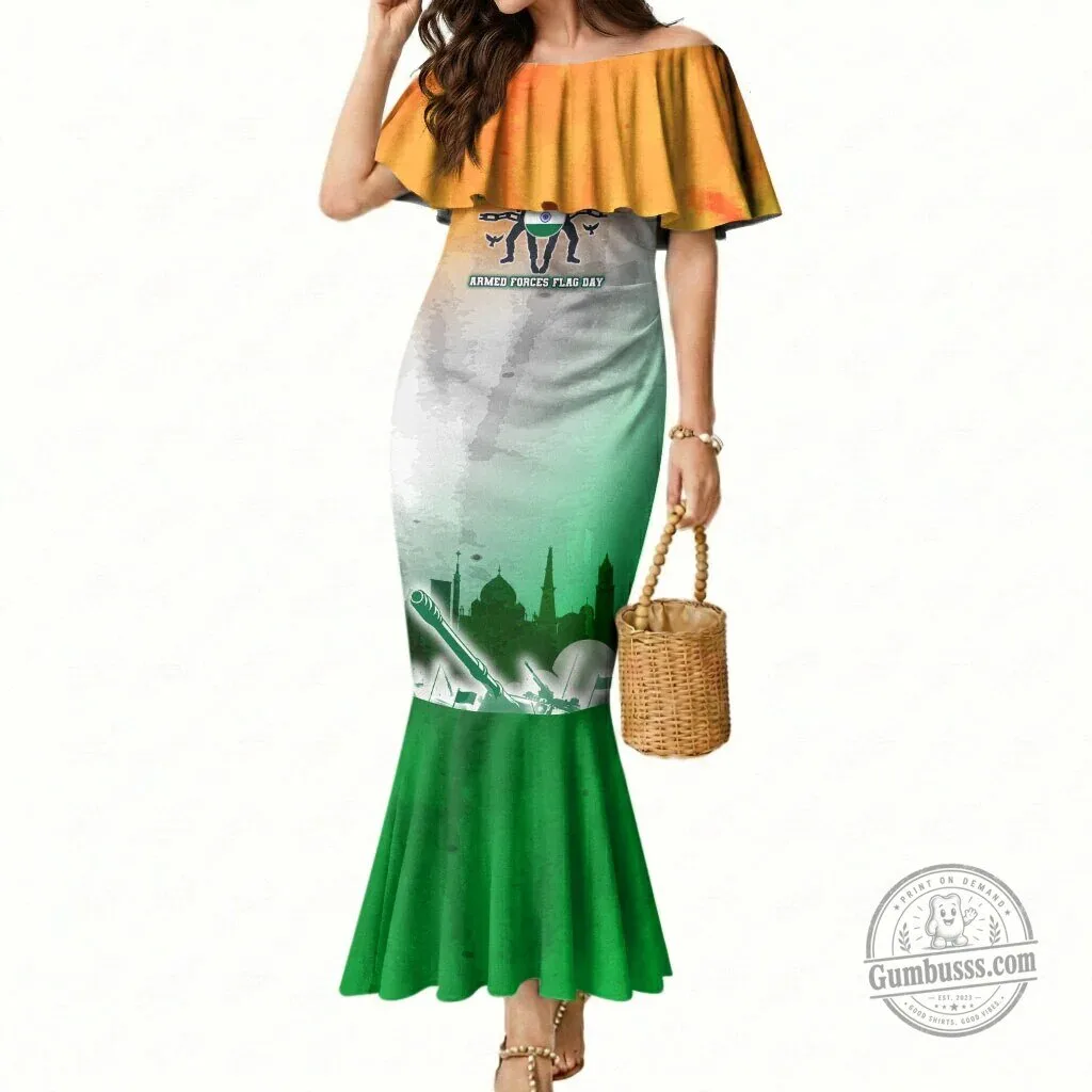 India Armed Forces Flag Day Mermaid Dress Indian Flag Silhouette Off Shoulder Dress