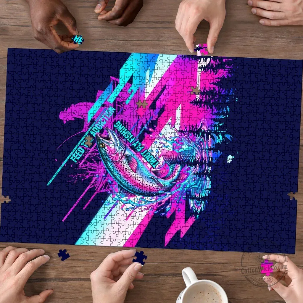 Trout Fly Fishing Born To Cast Jigsaw Puzzle Vibrant Neon Rainbow Trout Fisherman 6 Trout Fly Fishing Born To Cast Jigsaw Puzzle Vibrant Neon Rainbow Trout Fisherman