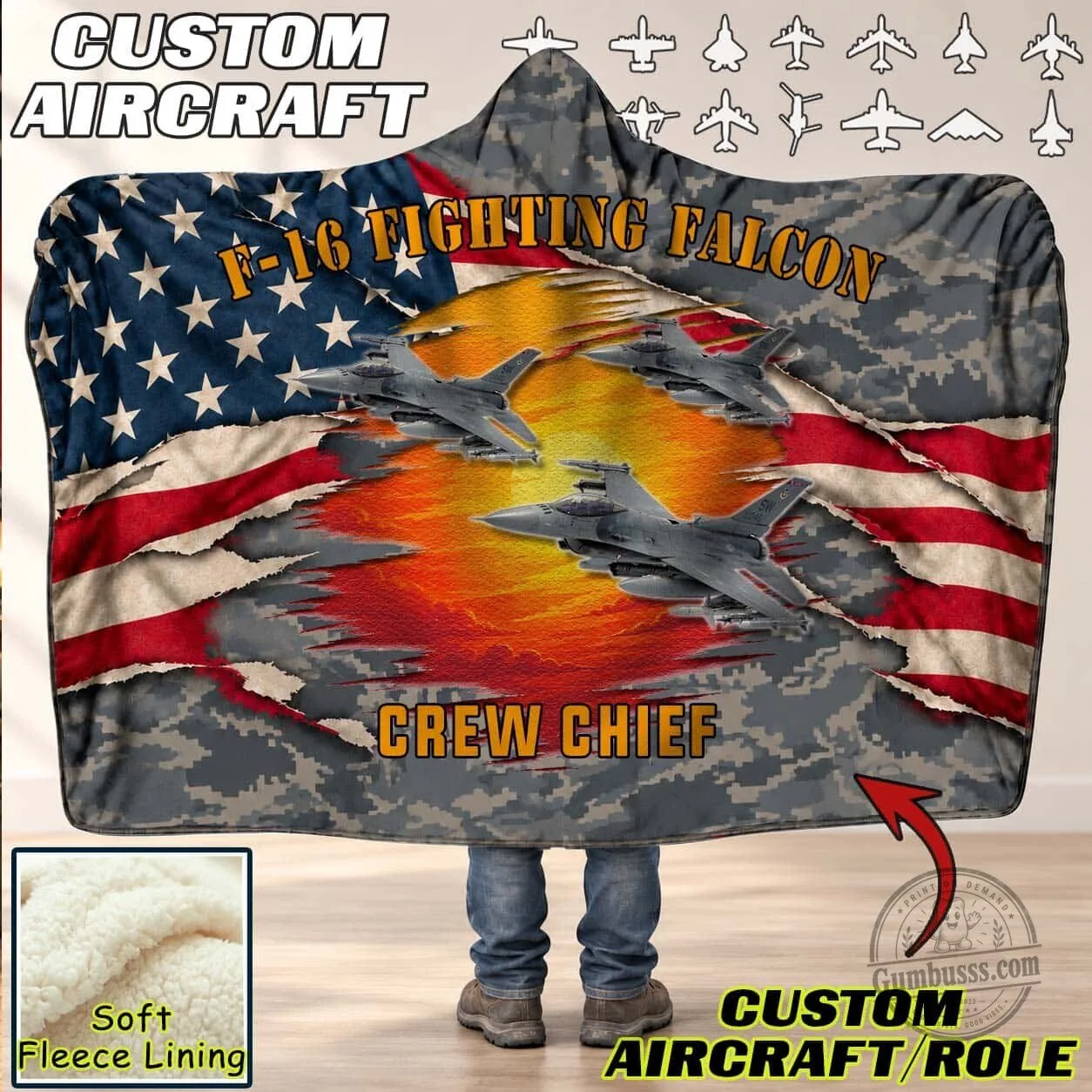 F-16 Fighting Falcon Crew Chief American Flag Camouflage Hooded Blanket