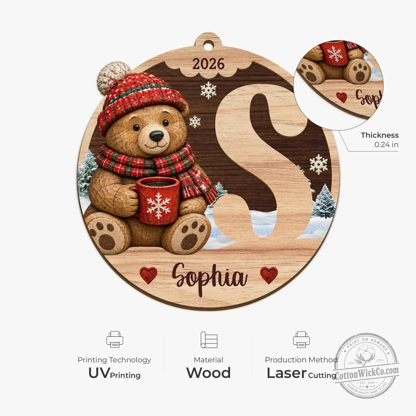Personalized Christmas Initial Wood Ornament with Name and Cute Animal Design 9 Personalized Christmas Initial Wood Ornament with Name and Cute Animal Design