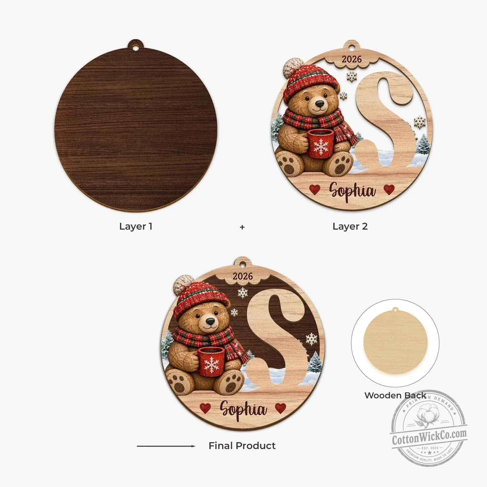 Personalized Christmas Initial Wood Ornament with Name and Cute Animal Design 11 Personalized Christmas Initial Wood Ornament with Name and Cute Animal Design