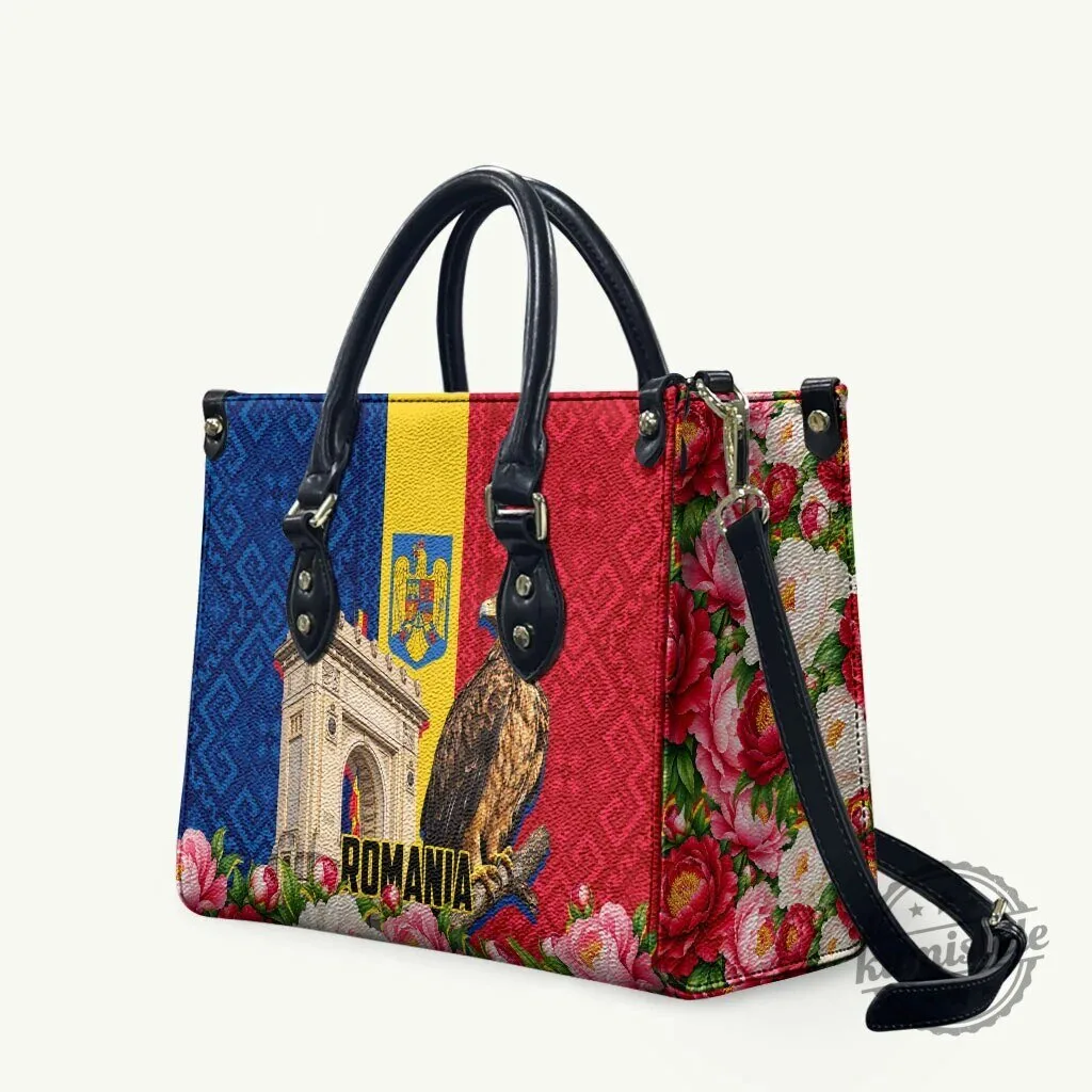 Romania Flag Eagle Arcul De Triumf Floral Peony Pattern Leather Handbag