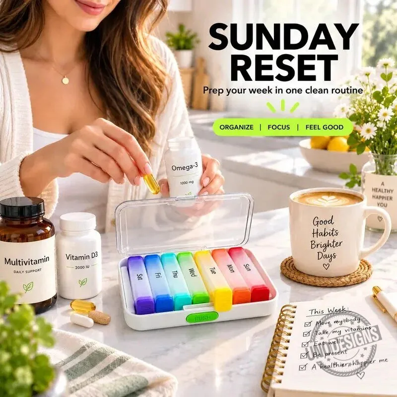 Rainbow Weekly Pill Organizer Box with Detachable Daily Vitamin Compartments