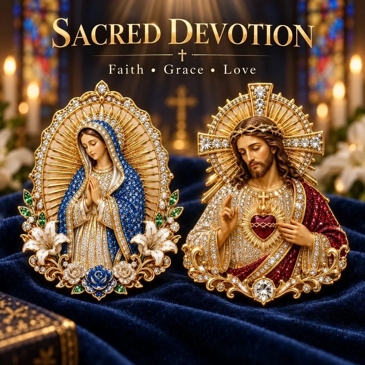 Sacred Devotion Jesus and Mary Two Hearts Faith Grace Love Religious Pin