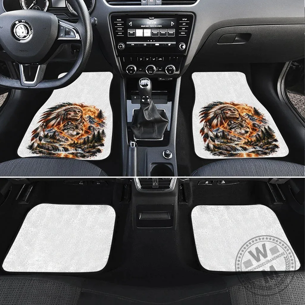 Native American Chief and Wolf Tribal Nature Landscape Car Mat Set