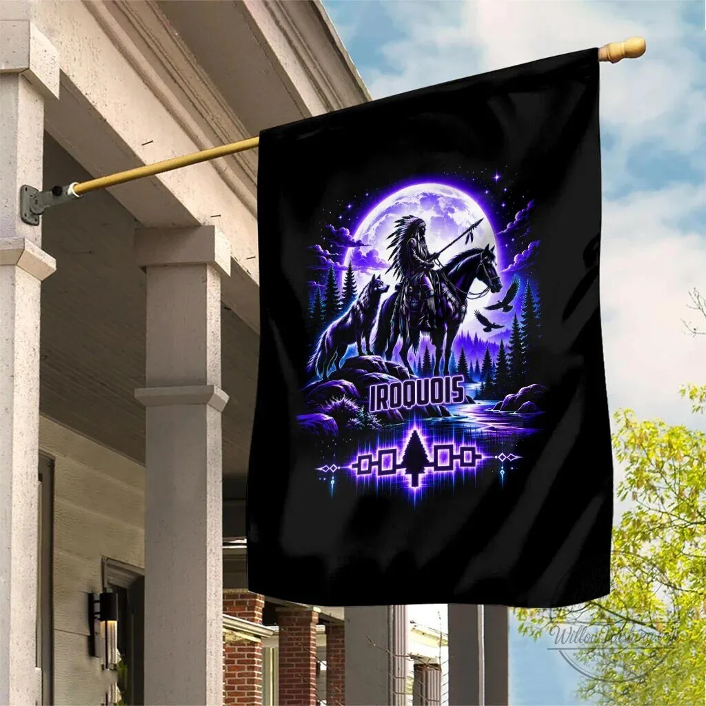 Iroquois Native American Warrior Wolf Moon Forest Art Garden Flag