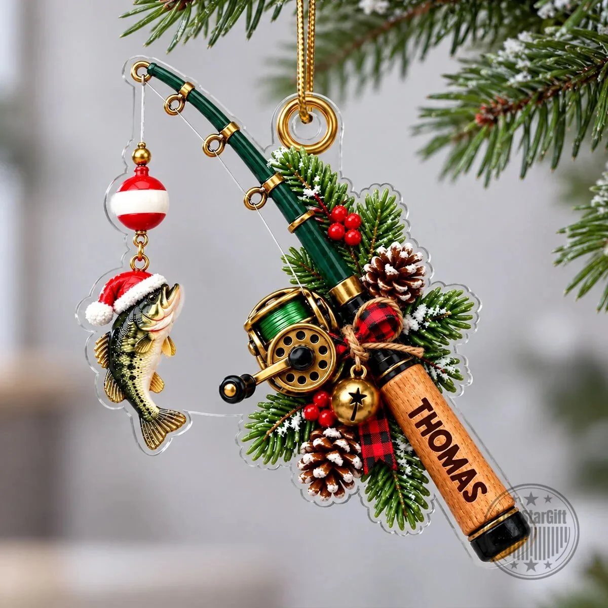 Personalized Fishing Rod Christmas Tree Ornament with Bass Fish and Santa Hat