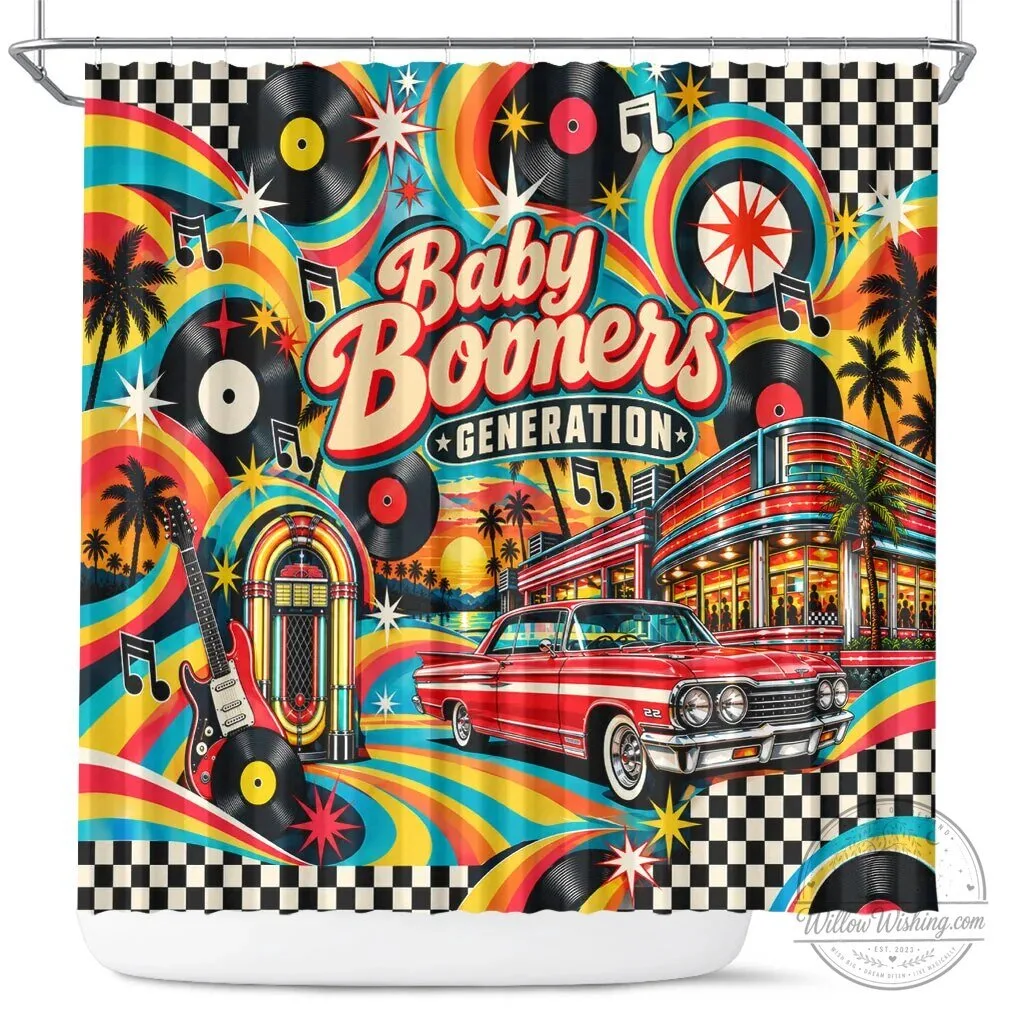 Baby Boomers Generation Vintage Retro Classic Car And Vinyl Records Shower Curtain