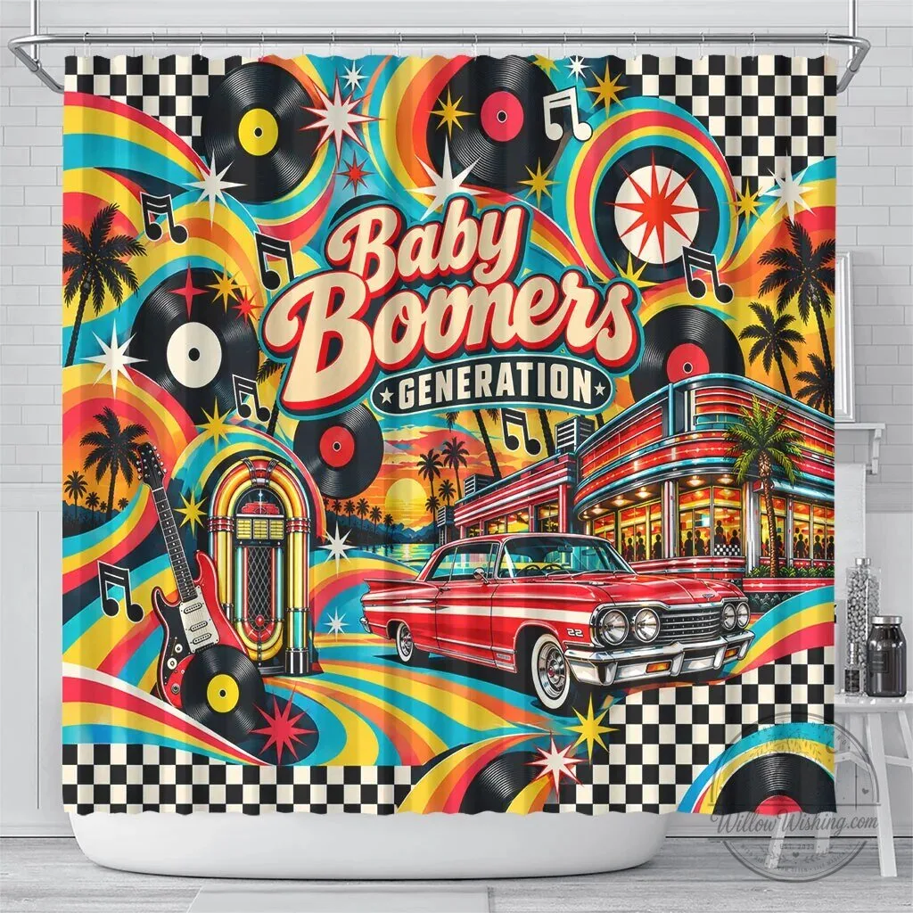 Baby Boomers Generation Vintage Retro Classic Car And Vinyl Records Shower Curtain – image 2 of 5