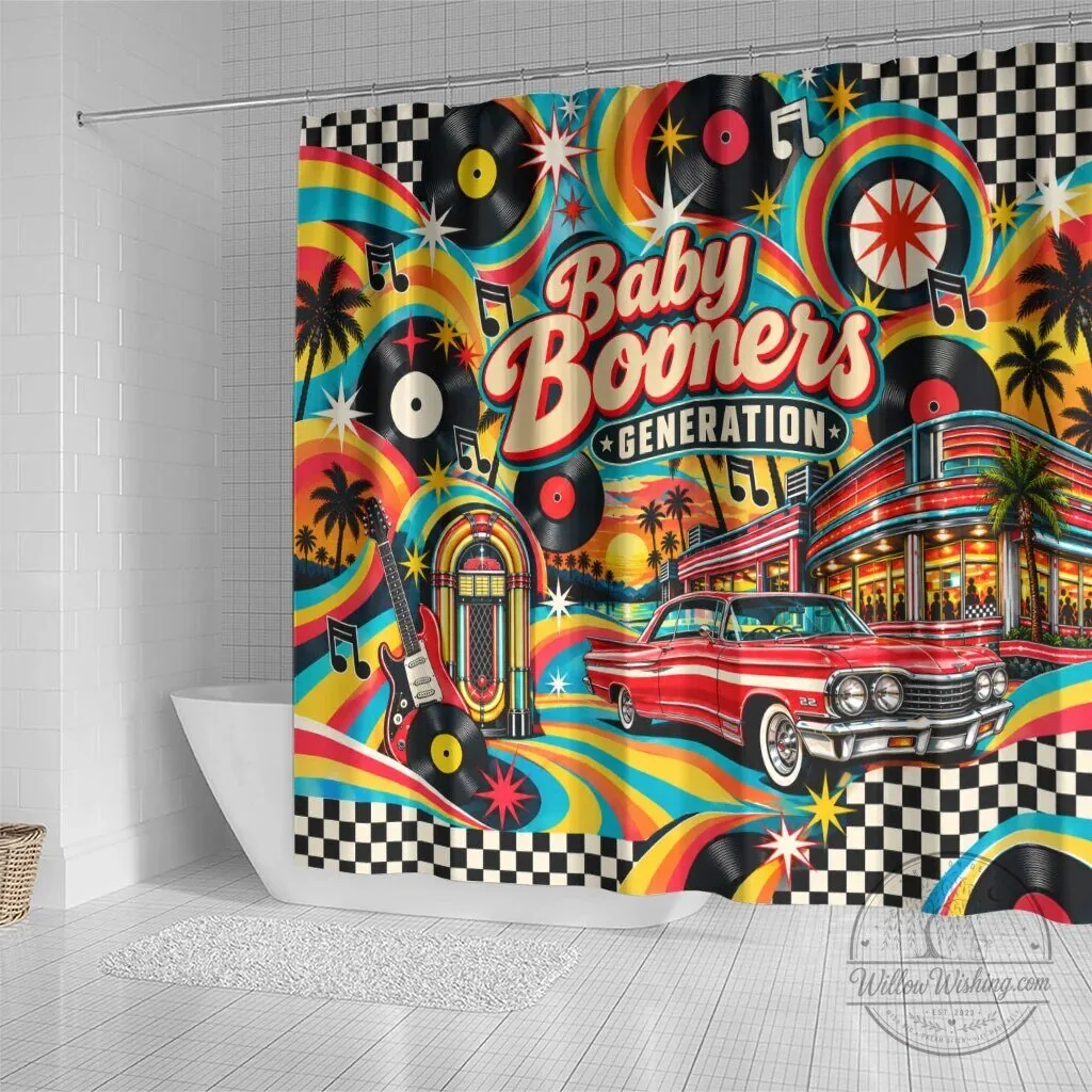 Baby Boomers Generation Vintage Retro Classic Car And Vinyl Records Shower Curtain – image 3 of 5