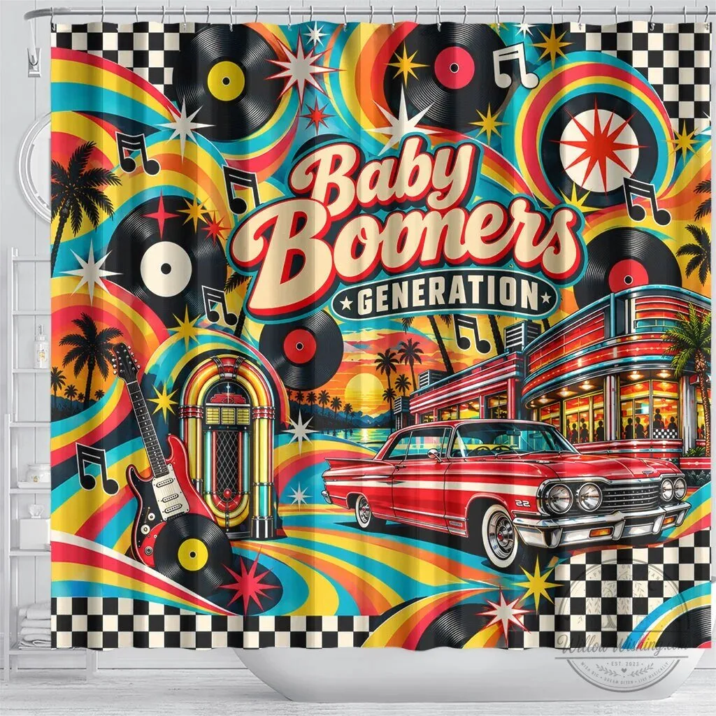 Baby Boomers Generation Vintage Retro Classic Car And Vinyl Records Shower Curtain – image 4 of 5