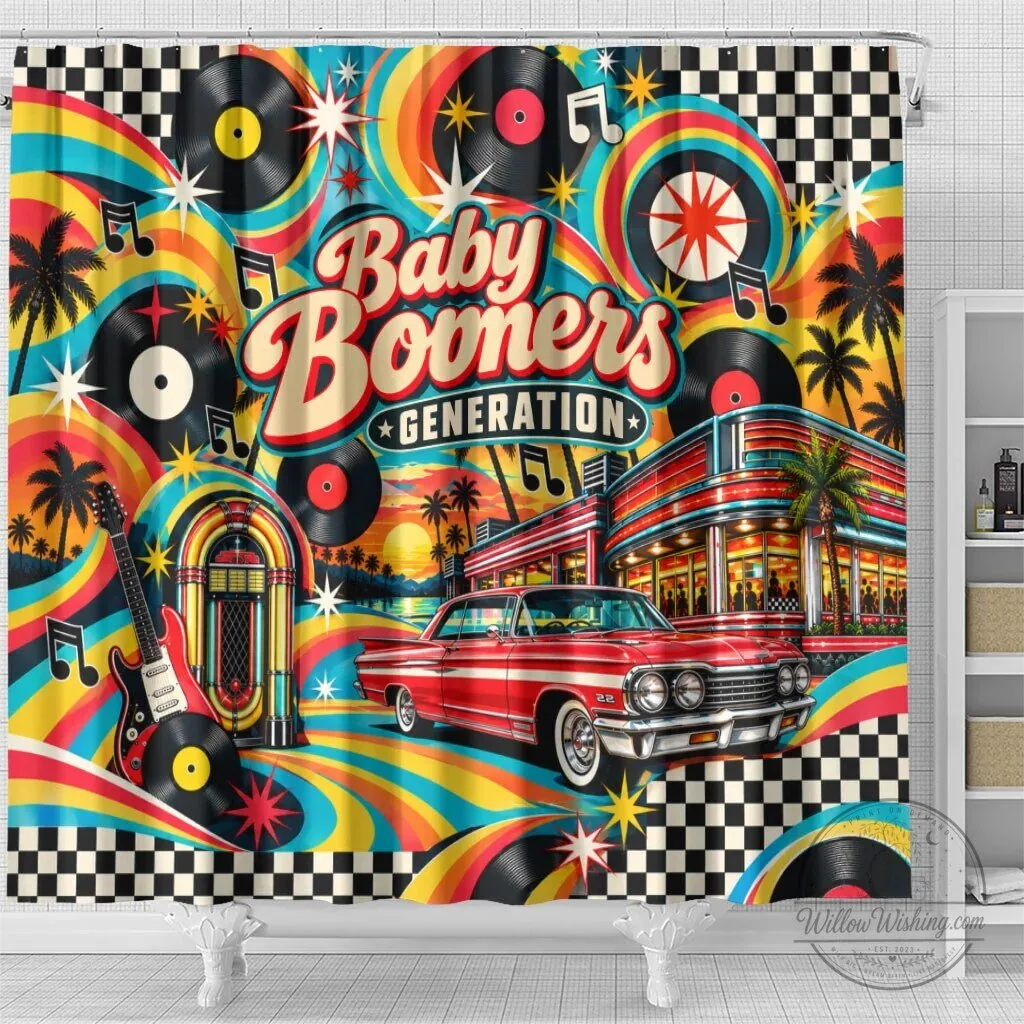 Baby Boomers Generation Vintage Retro Classic Car And Vinyl Records Shower Curtain – image 5 of 5
