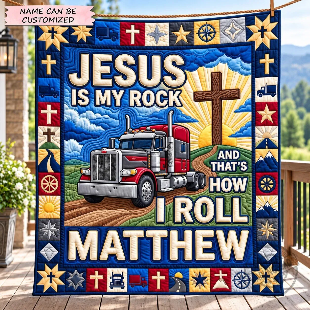 Jesus Is My Rock And That's How I Roll Trucker Christian Quilted Blanket