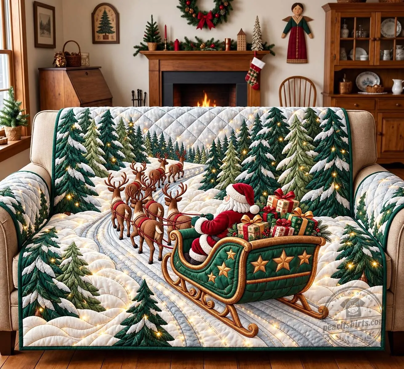 Christmas Santa Sleigh Reindeer Snowy Forest Quilted Sofa Cover 9 Christmas Santa Sleigh Reindeer Snowy Forest Quilted Sofa Cover