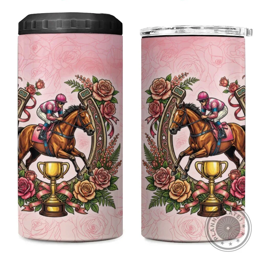 Melbourne Horse Race Jockey and Floral Horseshoe Pink Rose Can Cooler Tumbler