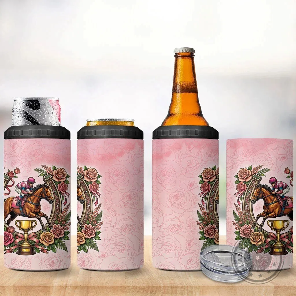 Melbourne Horse Race Jockey and Floral Horseshoe Pink Rose Can Cooler Tumbler 8 Melbourne Horse Race Jockey and Floral Horseshoe Pink Rose Can Cooler Tumbler