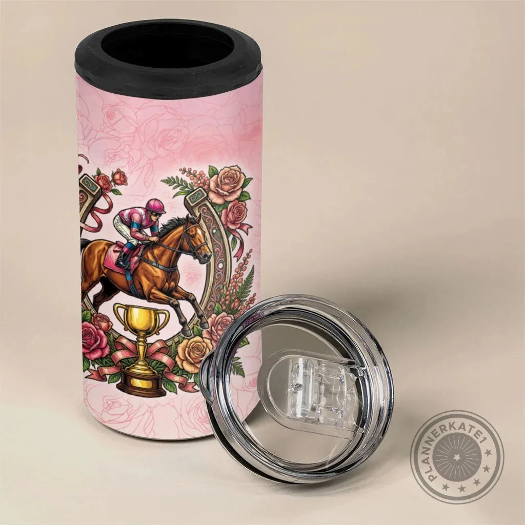 Melbourne Horse Race Jockey and Floral Horseshoe Pink Rose Can Cooler Tumbler 9 Melbourne Horse Race Jockey and Floral Horseshoe Pink Rose Can Cooler Tumbler