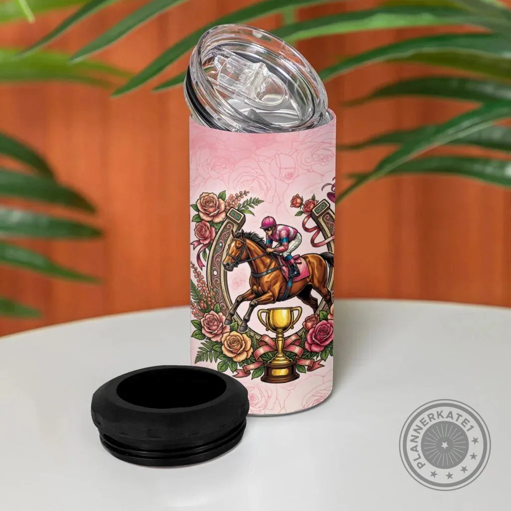 Melbourne Horse Race Jockey and Floral Horseshoe Pink Rose Can Cooler Tumbler 10 Melbourne Horse Race Jockey and Floral Horseshoe Pink Rose Can Cooler Tumbler